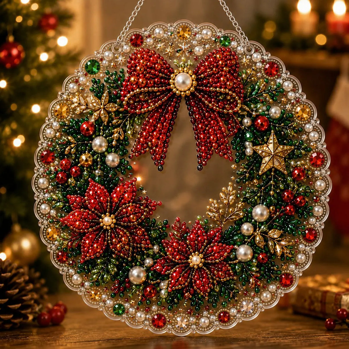 DIY Christmas Pearl Diamond Painting Pendant - Acrylic 2D Bead Craft for Holiday Window & Wall Decor
