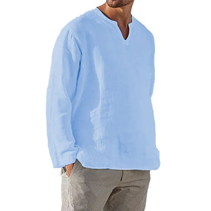 Men's Cotton Linen Shirt — Cozy Solid Color Long Sleeve V-Neck Casual Hawaiian Top, Lightweight & Breathable
