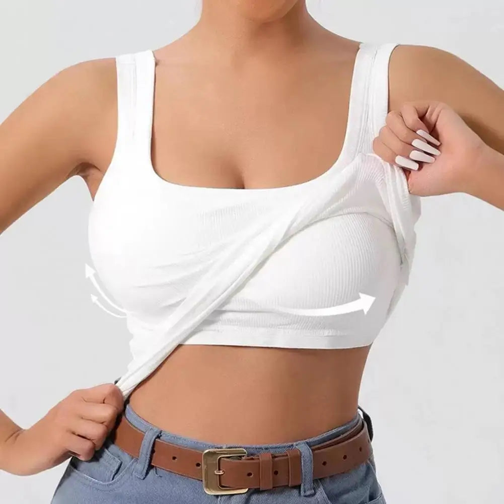 Women’s Built-In Bra Tank Top - Double-Layer Square Neck Yoga Camisole Vest