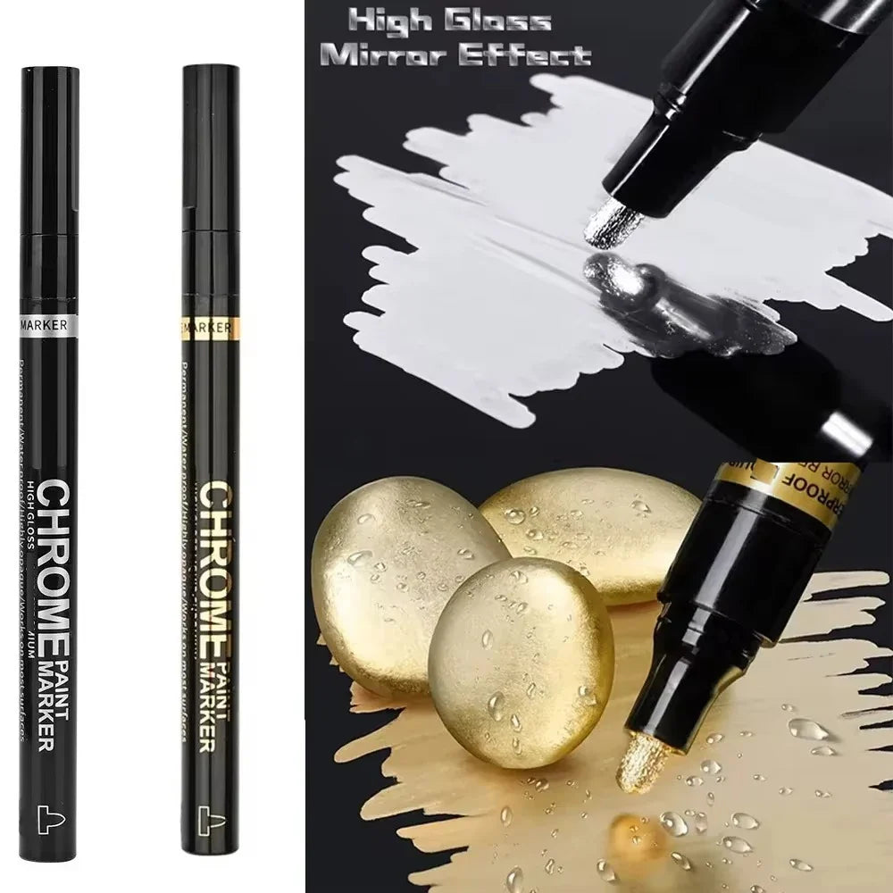 Chrome Paint Marker Pen - Waterproof Gold & Silver Metallic Repair Marker for Glass, Ceramic, Rock & Metal, 2mm Nib