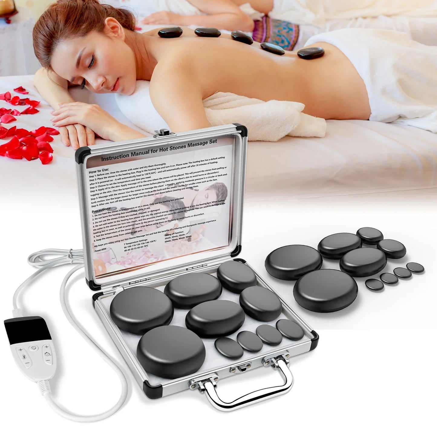 Adjustable Temperature Hot Stone Massage Set with Heater – Professional Spa Tool for Neck and Body Relaxation
