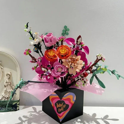 Romantic Pink Flower Bouquet Building Block Set 10342 – Compatible with Lego, Ideal Christmas Gift