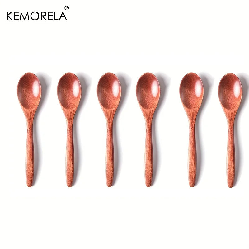 6pcs Wooden Coffee & Tea Spoon Set — Long Handle Honey Dessert Stirring Teaspoons Tableware