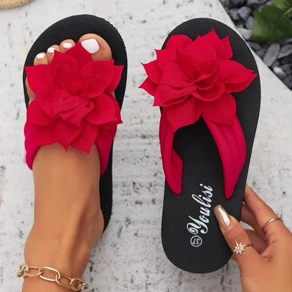 Women’s Floral Flip Flops – Slip-On Mid Heel Sandals, Fabric Upper & EVA Sole, Summer Casual Vacation Footwear