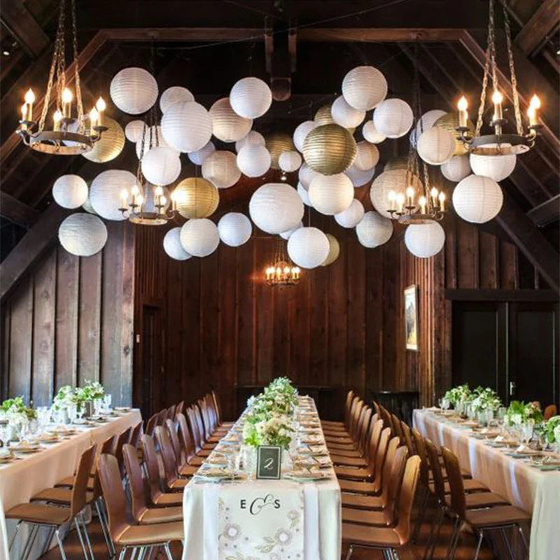 Round Paper Lantern Hanging Ball Decor for Wedding & Birthday Party, DIY Lampion Craft Supplies in White, Red & Blue