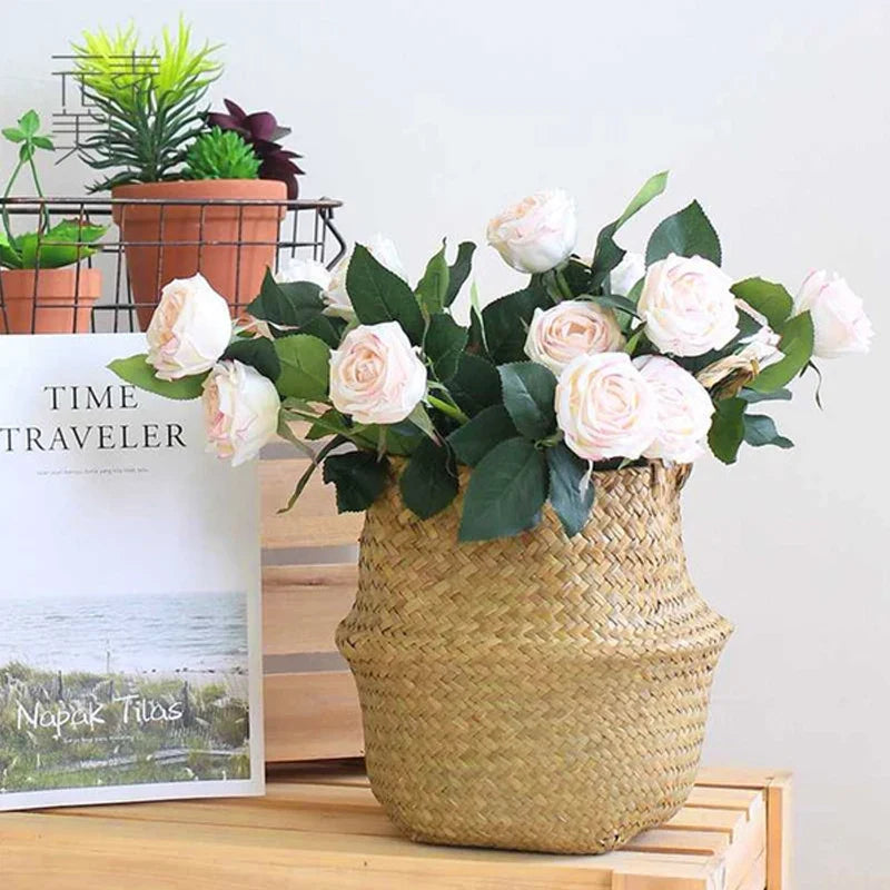 Straw Weaved Flower Pot Basket - Grass Planter for Indoor & Outdoor, Decorative Plant Container