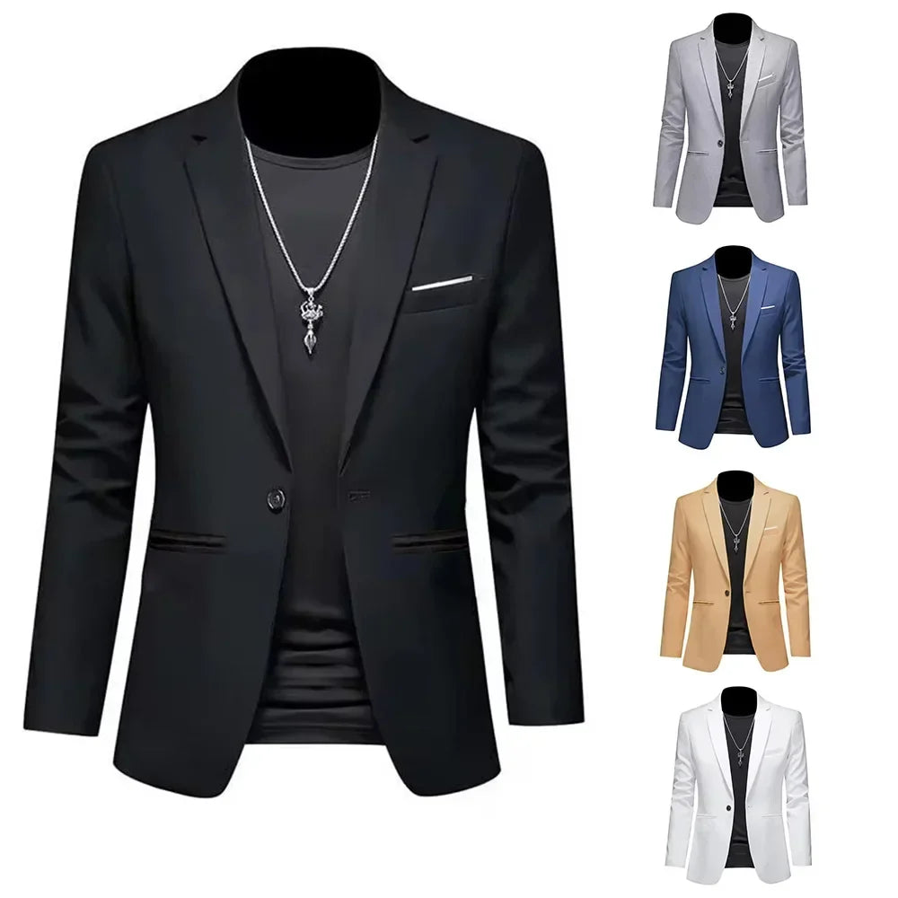 Men’s Casual Business Slim Fit Suit Jacket — Trendy Autumn Single-Button Formal Blouse, Non-Iron Solid Color