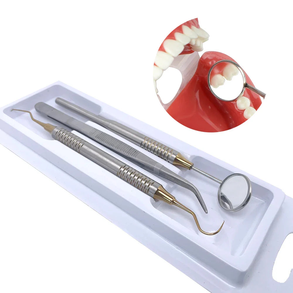 3pcs Dental Mouth Mirror Tweezers & Curved Probe Kit – Stainless Steel Oral Cleaning Instruments