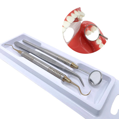 3pcs Dental Mouth Mirror Tweezers & Curved Probe Kit – Stainless Steel Oral Cleaning Instruments