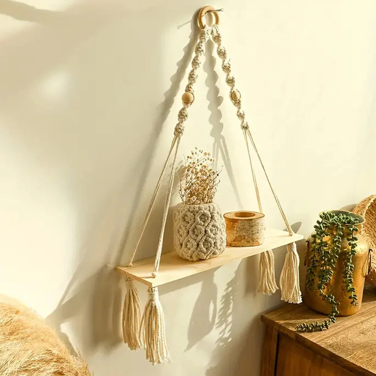 Macrame Hanging Shelf | Boho Wall Decor for Bedroom and Nursery | Rustic Wood Floating Shelves for Living Room and Bathroom | 1 PC