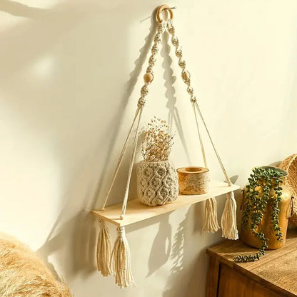 Macrame Hanging Shelf | Boho Wall Decor for Bedroom and Nursery | Rustic Wood Floating Shelves for Living Room and Bathroom | 1 PC