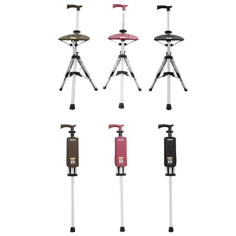Multi-Functional Non-Slip Walking Stick with Seat – One-Key Foldable Crutch Chair, Triangular Bracing Elderly Hiking Pole Walker