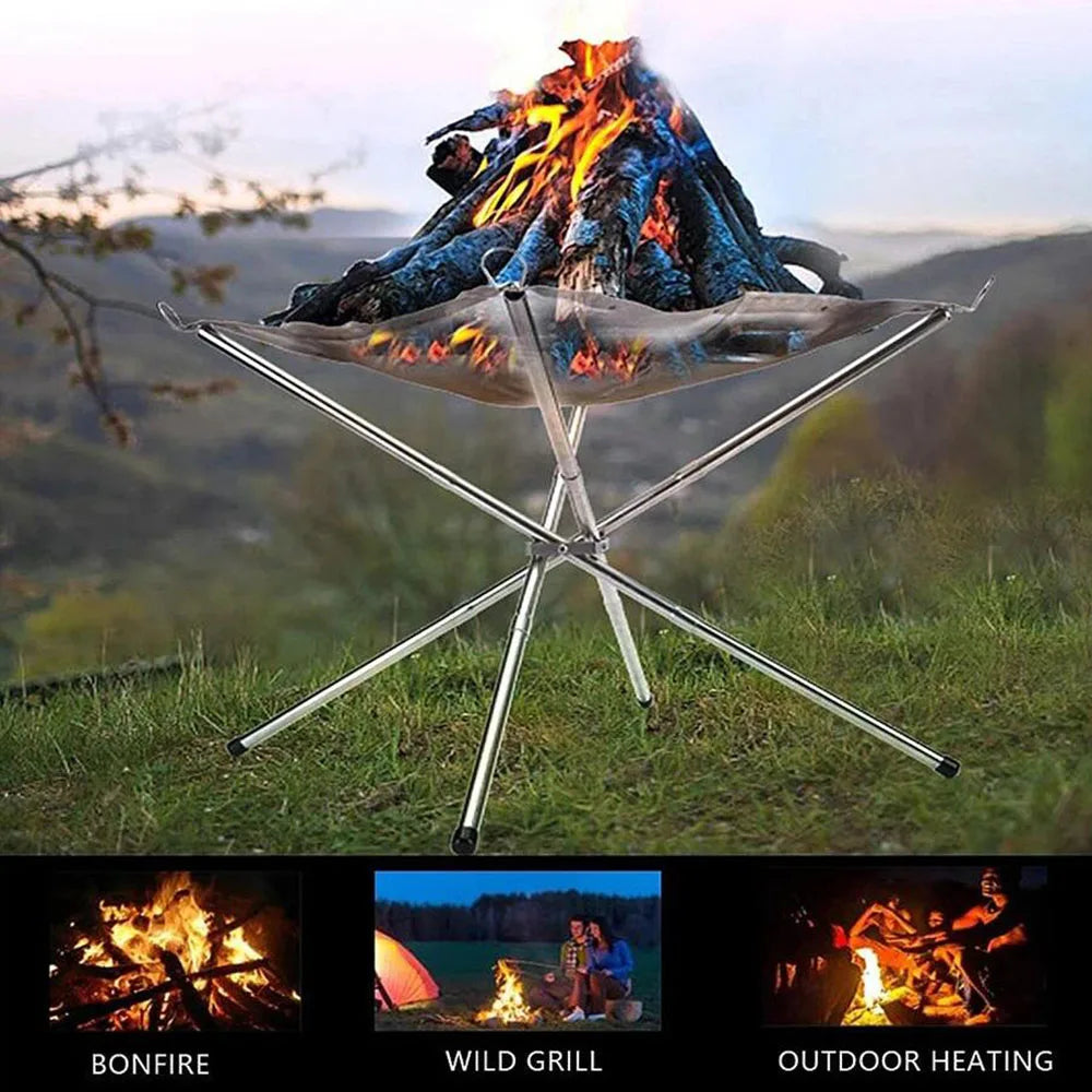 Foldable Stainless Steel Campfire Rack: Outdoor Camping Fire Pit Wood Stove Frame for BBQ, Bonfire in Garden or Backyard