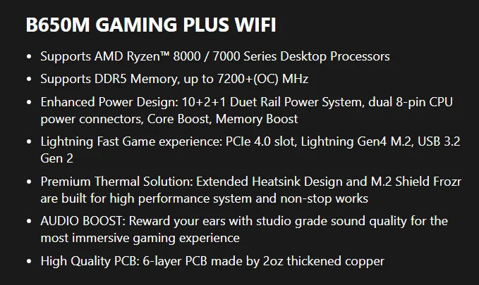 MSI B650M GAMING PLUS WIFI Motherboard - AMD B650, Supports DDR5 7200+MHz (OC), Ryzen 7000/8000 Series, AM5 Socket