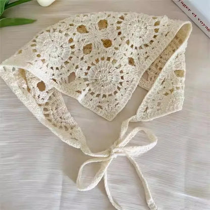 Women’s Beige Crochet Hair Scarf - Sheer Mesh Triangle Bandana Retro Headwrap & Neck Accessory
