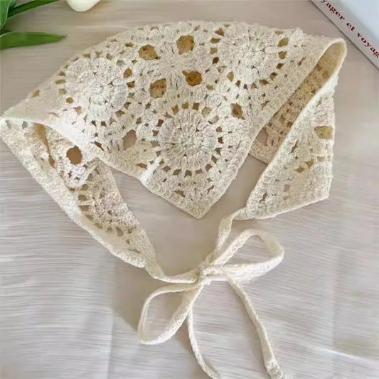 Women’s Beige Crochet Hair Scarf - Sheer Mesh Triangle Bandana Retro Headwrap & Neck Accessory