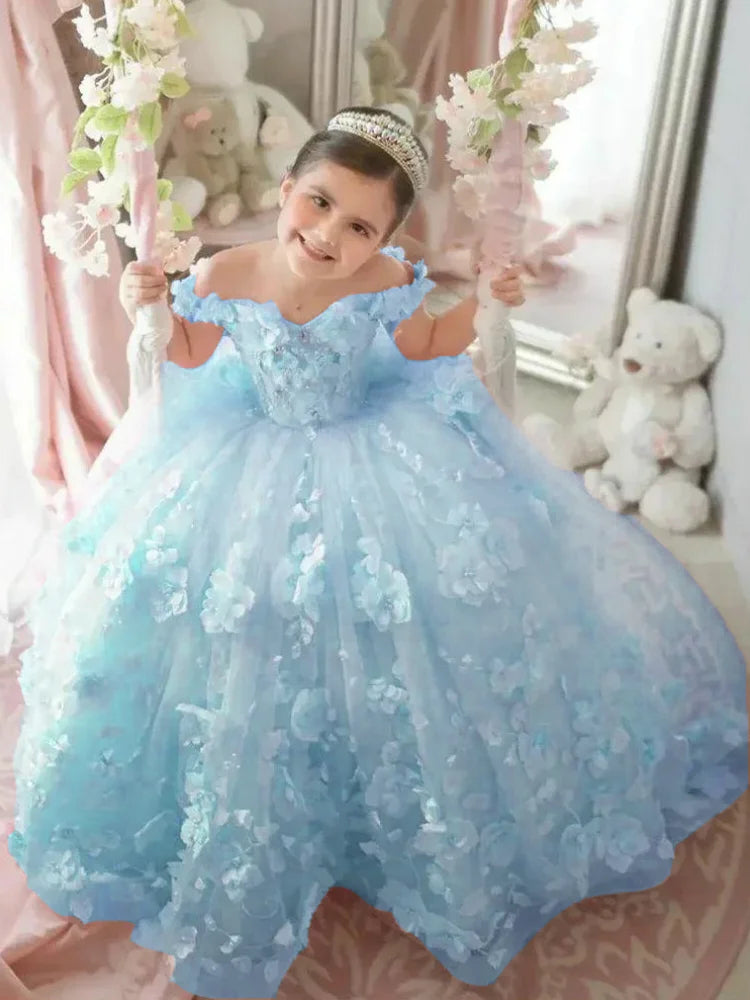 Pink Flower Girl Dress - 3D Floral Applique Pearl Tulle Gown for Weddings & Parties