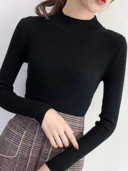 Women's Mock Neck Sweater - Vintage Solid Knit Pullover, Slim Fit, Casual Korean Chic for Autumn Winter