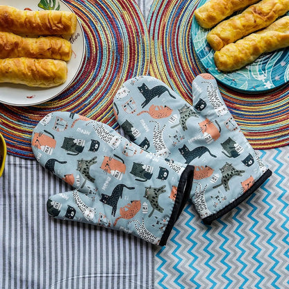 2PCS Cat Print Microwave Oven Mitts – Thickened Heat-Resistant Soft Cotton Gloves for Baking & Kitchen Use
