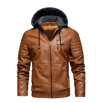 Fashion Men’s Hooded Faux Leather Jacket – Military Style Motorcycle Outwear with Zipper Pockets, Autumn Winter Coat