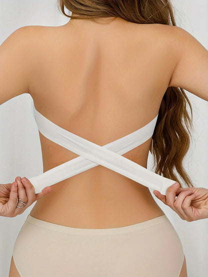 Strapless Bra with Side Clasps – Nylon Knit Fabric, Removable Padding & Crisscross Strap Details