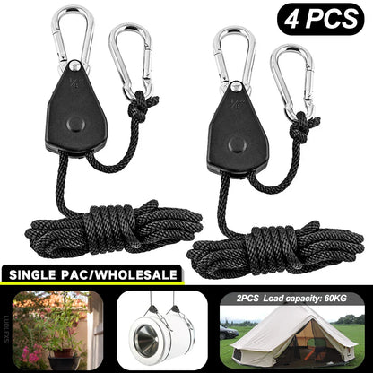 4pcs Adjustable 8-inch Reinforced Rope Ratchet Hangers - Hanging Pulley Hooks for Grow Tents & Plant Lamps