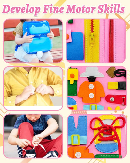 Montessori Toddler Busy Board – Dinosaur Dress-Up Sensory Toy for Learning Life Skills & Travel Backpack