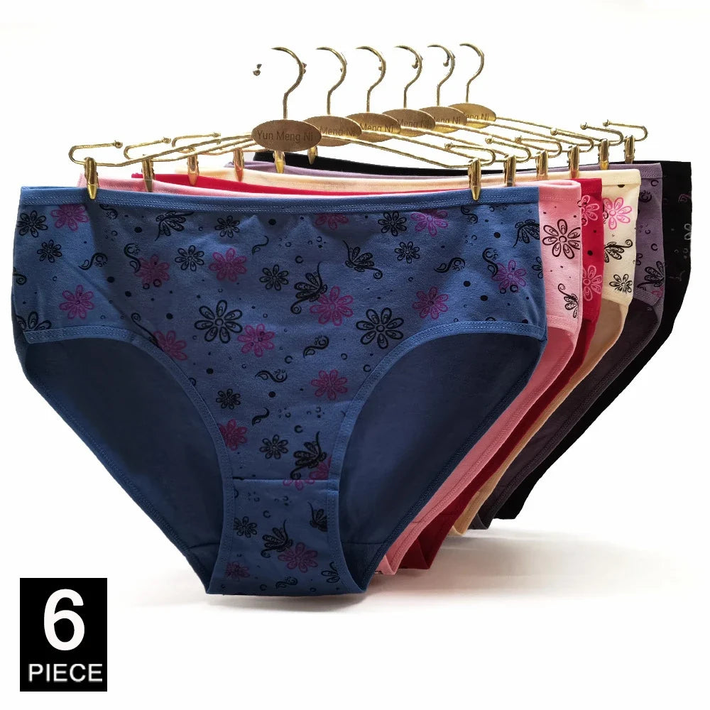 Women’s Cotton Briefs Set - Sexy Print Mid-Rise Plus Size Panties 2XL-4XL Soft Breathable Underwear 6Pcs