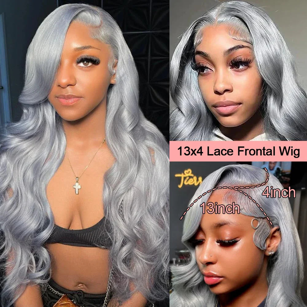 13x6 Silver Grey Body Wave Lace Front Wig – 100% Human Hair, Preplucked 13x4 Lace Frontal Brazilian Wig, 36 Inch