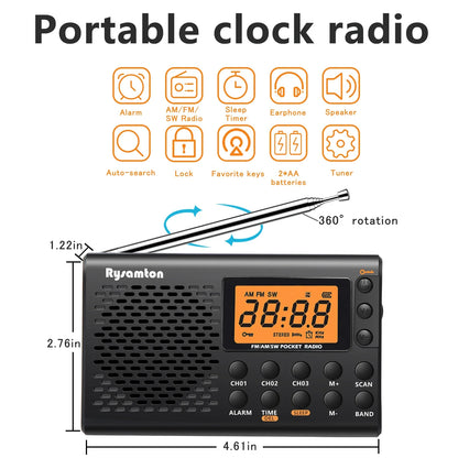 Rysamton Portable AM/FM Shortwave Radio with Big Digital Display, Sleep Timer & Alarm Clock, Battery Operated
