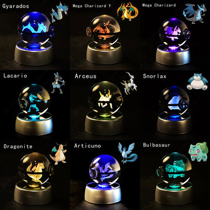 Pokemon 3D Crystal Ball Figurine — Pikachu, Gengar, Mew, Mewtwo Glass Statue with Lamp Base, Kids Birthday Gift