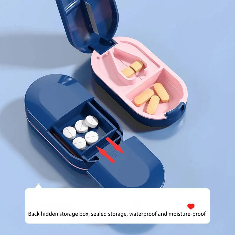 2-in-1 Pill Cutter with Invisible Storage Box – Portable Mini Tablet & Medicine Crusher, Dustproof Divider Organizer