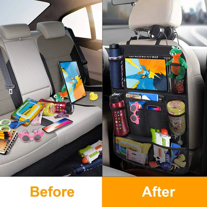 Car Backseat Organizer with Touch Screen Tablet Holder - Auto Storage Pockets & Seat Protectors