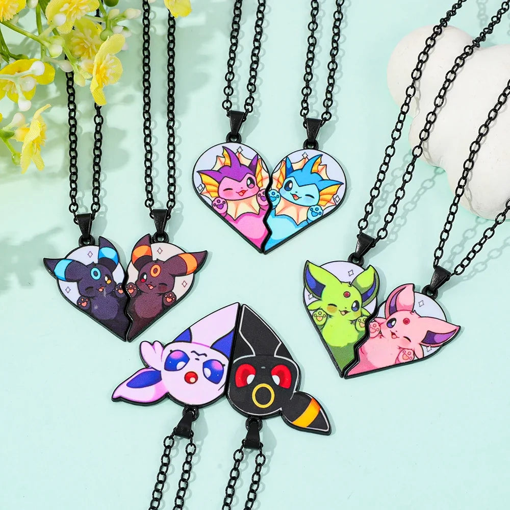 Eevee Pendant Necklace - 2-Piece Cute Cartoon Heart Patchwork Anime-Style Metal Jewelry Set
