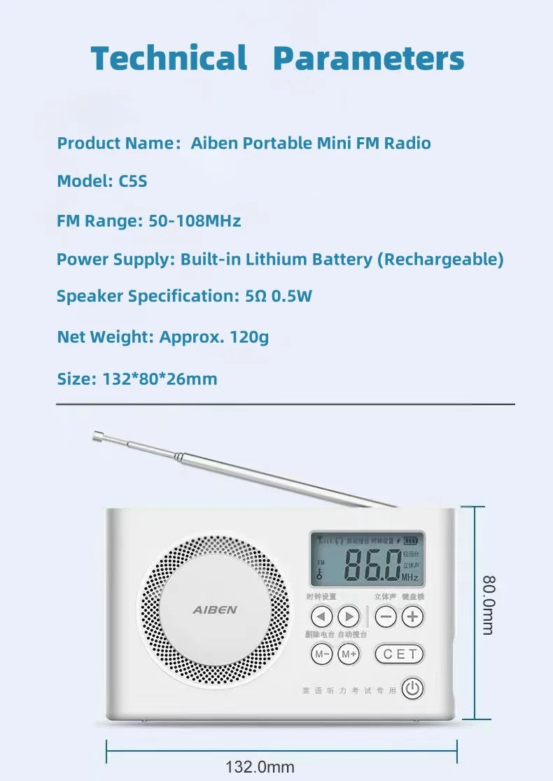AIBEN C5S Mini Portable Radio — Handheld Rechargeable Digital FM Radio with USB Charging Port & Built-In Speaker