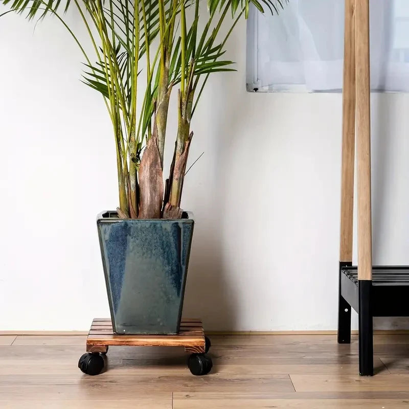 Solid Wood Movable Flower Stand – Thickened Bonsai Pot Tray with Universal Wheels for Easy Rolling