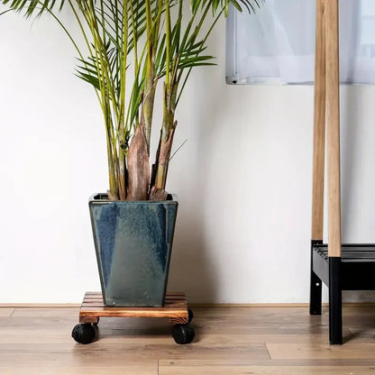 Solid Wood Movable Flower Stand – Thickened Bonsai Pot Tray with Universal Wheels for Easy Rolling