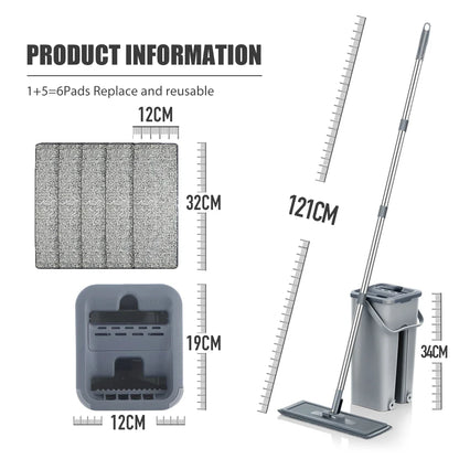 Hands-Free Flat Floor Mop & Bucket Set — Professional Home Cleaning System with Washable Microfiber Pads for Hardwood Floors