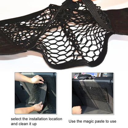 Universal Car Back Rear Trunk Organizer | Elastic Mesh Seat Net with Magic Sticker | Convenient Storage Bag Pocket for Auto Organization