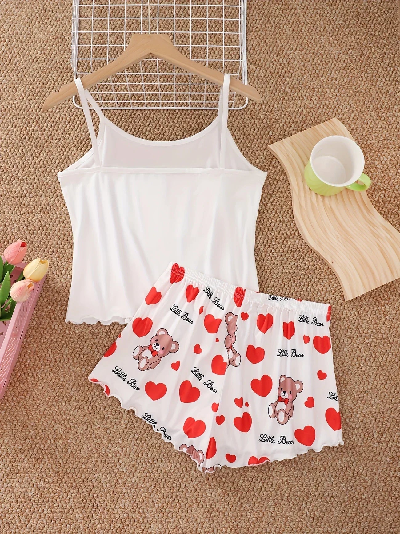 Women’s Love Bear Pajama Set - Cute Crop Top & Shorts Summer Loungewear Sleepwear Home Wear