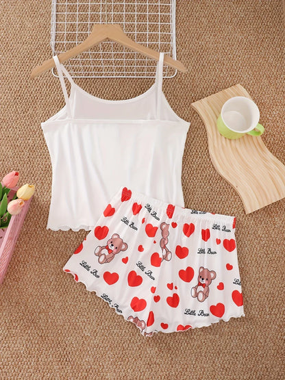 Women’s Love Bear Pajama Set - Cute Crop Top & Shorts Summer Loungewear Sleepwear Home Wear