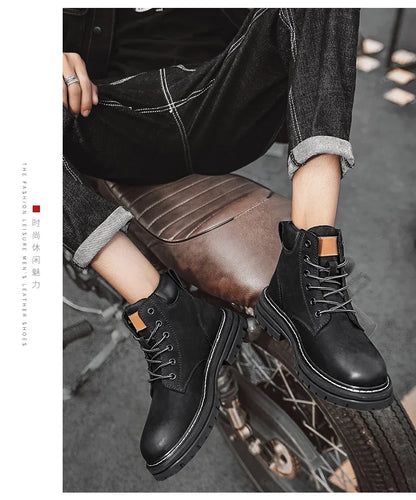 High Top Leather Boots for Men & Women – Fashion Lace-Up Outdoor Sneakers, Non-Slip Casual Ankle Shoes for Couples