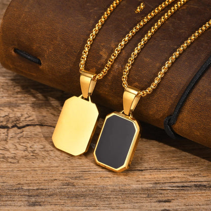 Casual Black Enamel Necklace for Men, Waterproof Stainless Steel Square Pendant, Simple Fashion Collar Jewelry Gift