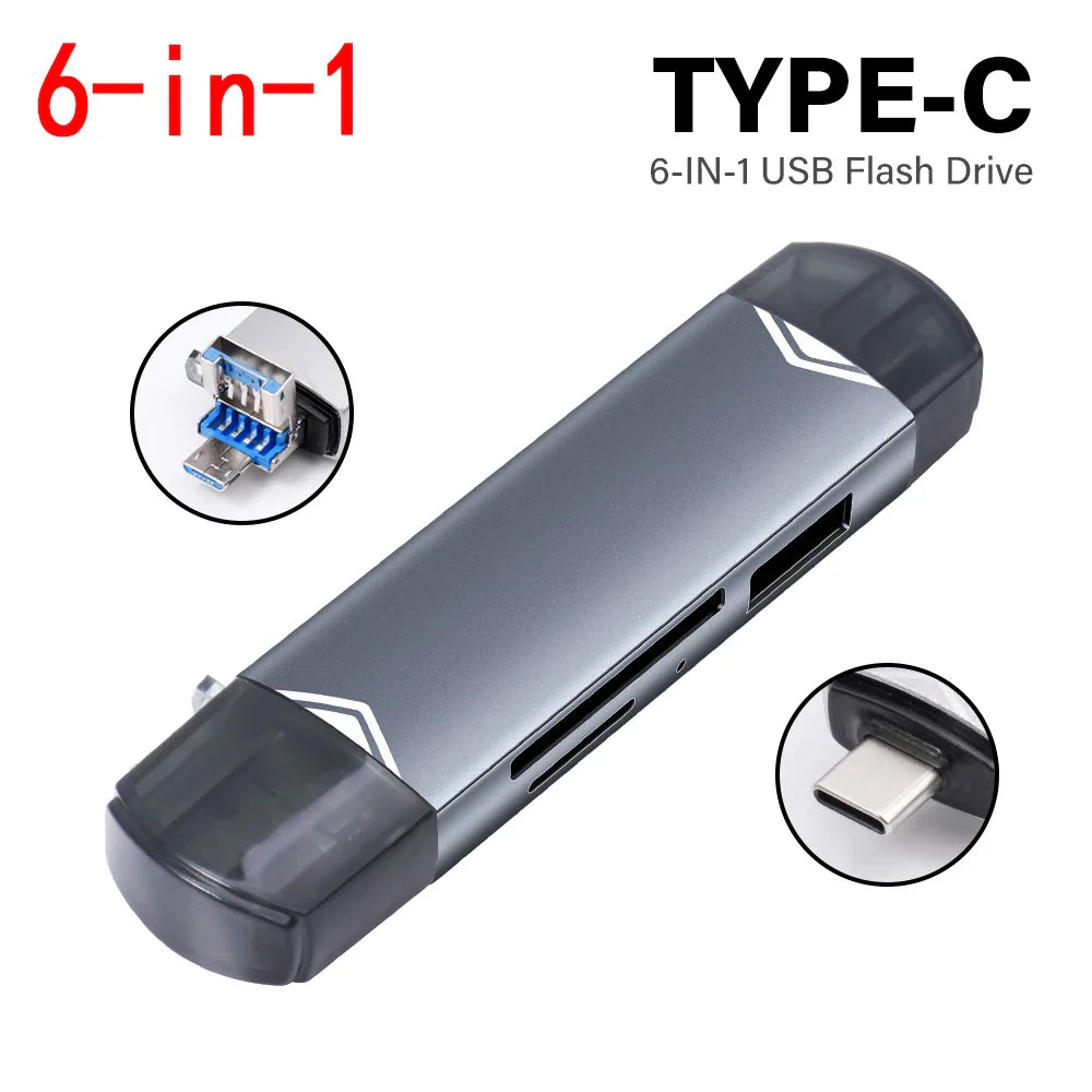 JASTER 6-in-1 USB 3.0 Card Reader – Type-C/USB TF/SD Adapter Flash Drive for Phone & Laptop