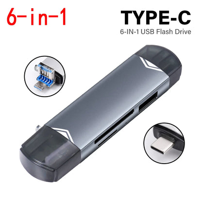 JASTER 6-in-1 USB 3.0 Card Reader – Type-C/USB TF/SD Adapter Flash Drive for Phone & Laptop