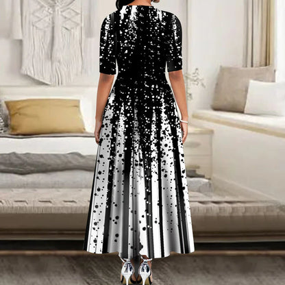 Women’s Elegant Long Party Dress 2024 – Loose Retro Printed Casual Dress with Round Neck & Short Sleeves