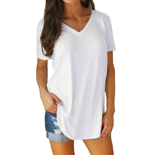 Women’s Summer V-Neck Blouse – Short Sleeve Loose Solid Color T-Shirt with Curved Hem