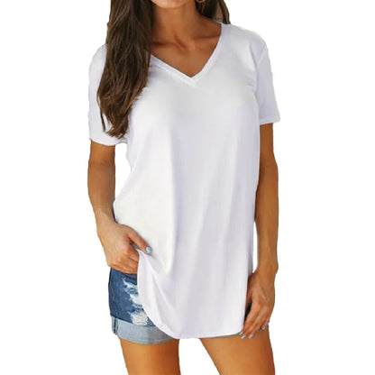 Women’s Summer V-Neck Blouse – Short Sleeve Loose Solid Color T-Shirt with Curved Hem