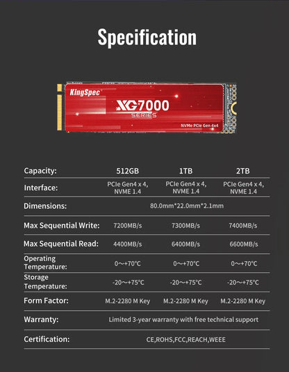 KingSpec M.2 PCIe 4.0 NVMe SSD – 512GB, 1TB, 2TB, 4TB Solid State Drive for Laptop, Desktop, PS5