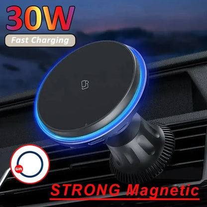 30W RGB Magnetic Car Wireless Charger – Fast Charging Stand Mount for iPhone 12-15 Pro Max, MagSafe Compatible